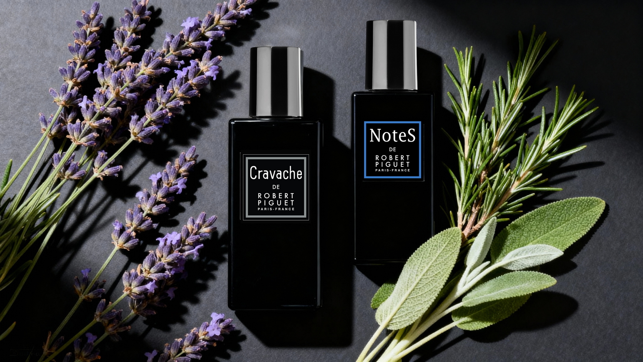 Cravache and NoteS perfume bottles surrounded by lavender, rosemary, and sage