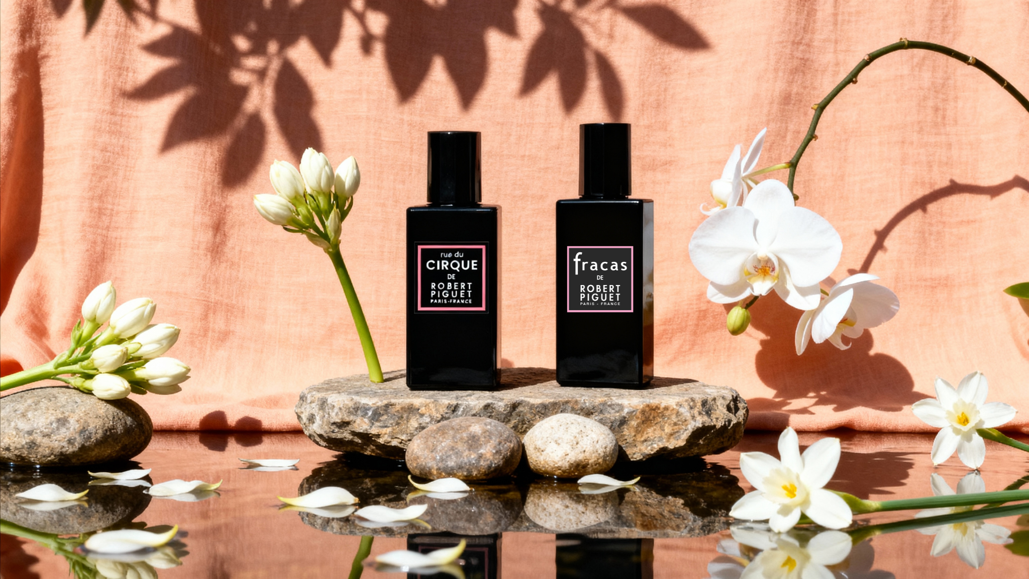 rue du cirque and Fracas perfume bottles surrounded by flowers