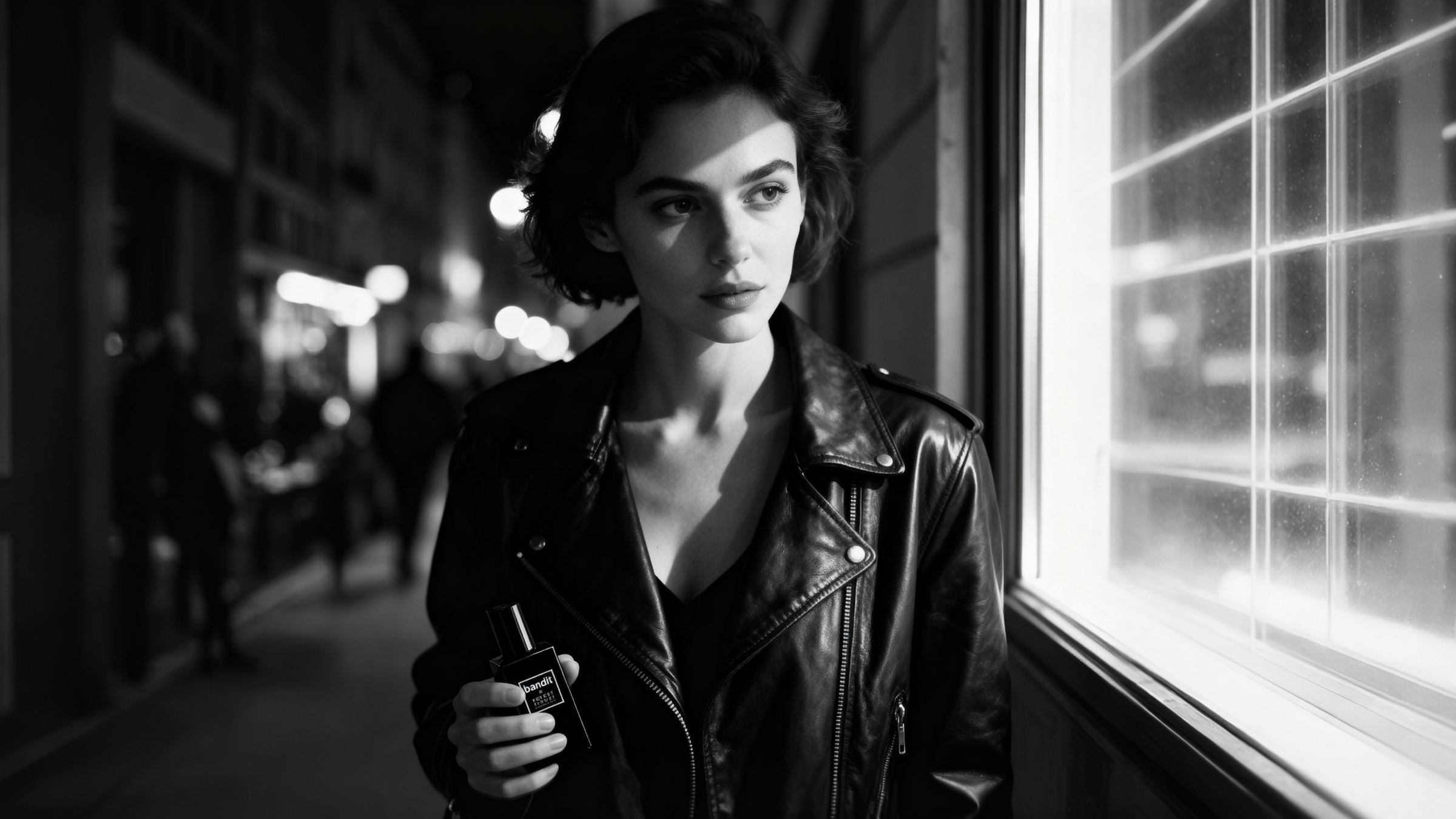 black and white image of woman holding bandit perfume bottle