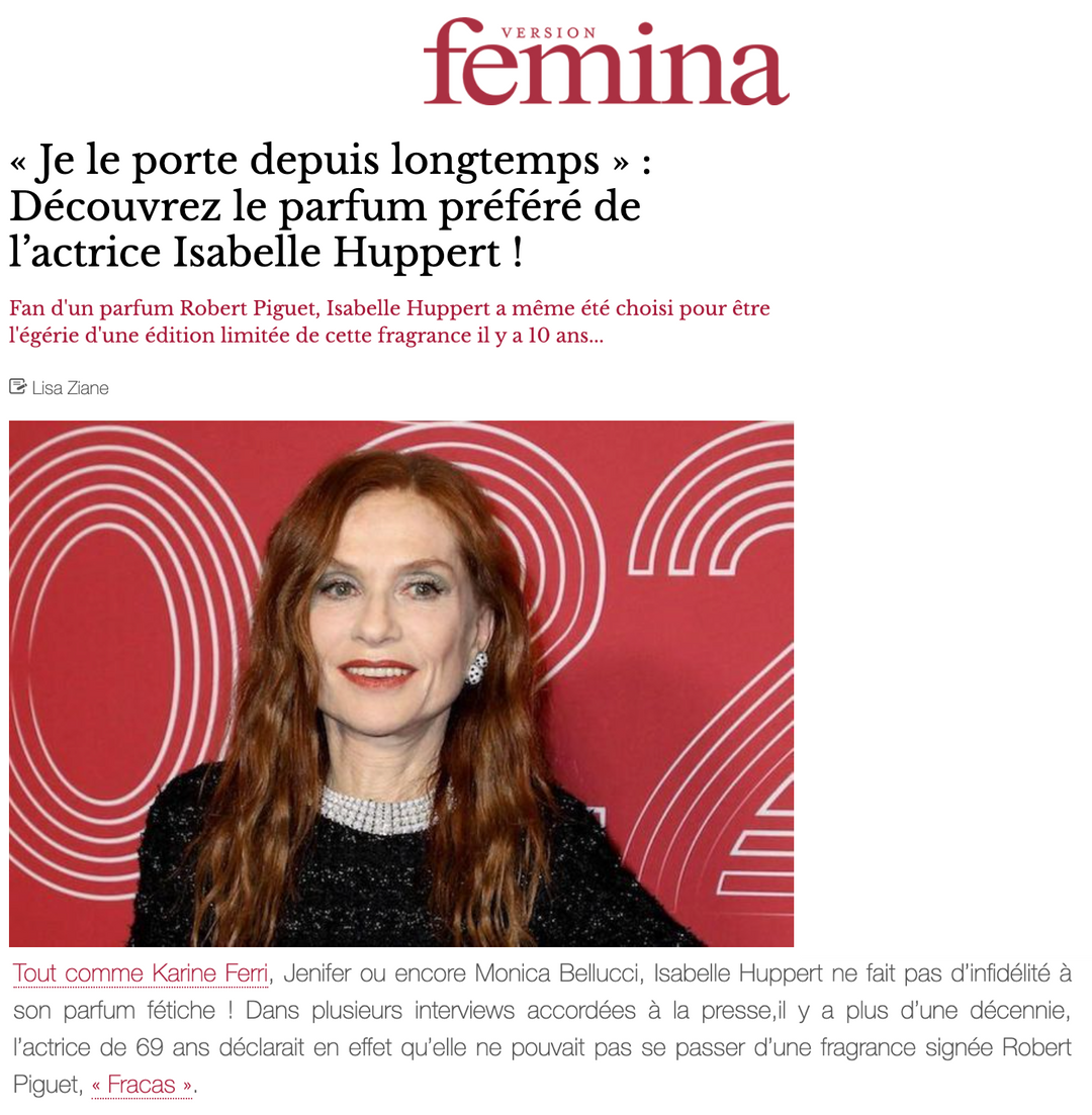 Femina article snippet  Découvrez le parfum préféré de l’actrice Isabelle Huppert !
