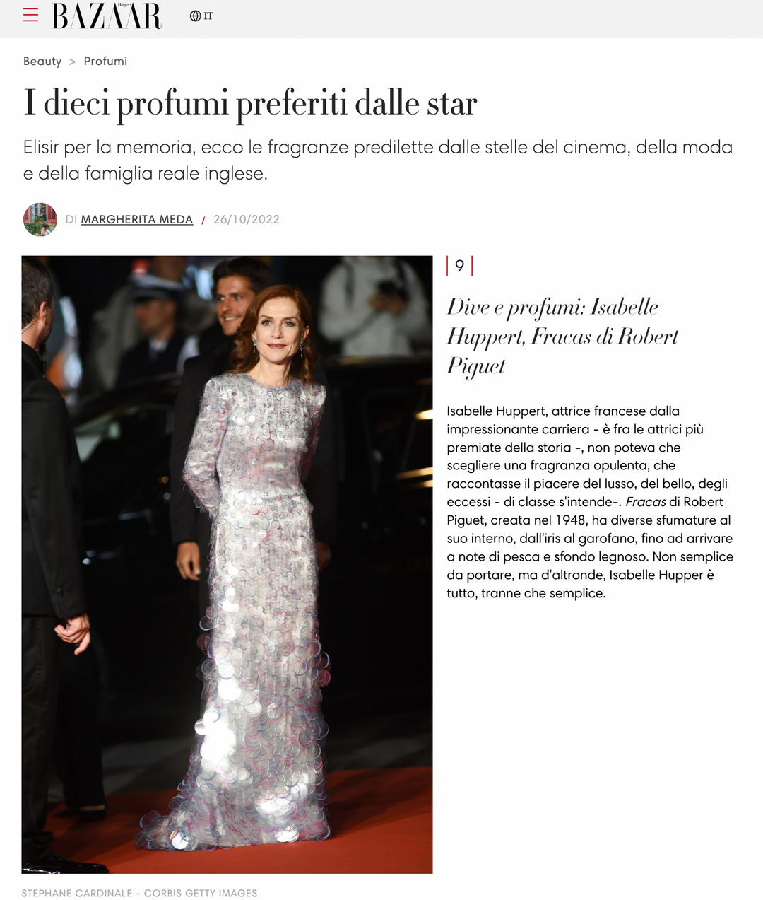 Harper's Bazaar Italy I dieci profumi preferiti dalle star article featuring Isabelle Huppert Fracas